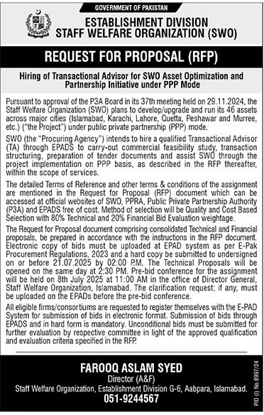 Staff Welfare Organization Islamabad Tender Notice
